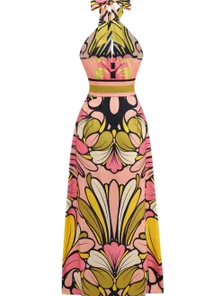 Clearance Retro Stage 1970s Boho Halter Floral Belted Backless Dress Multicolor