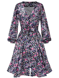 Best Retro Stage 1970s Boho Style Button Satin Puff Dress Floral