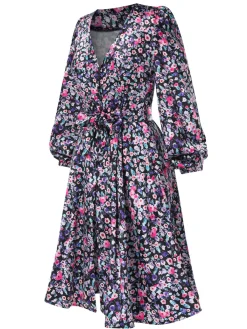 Best Retro Stage 1970s Boho Style Button Satin Puff Dress Floral