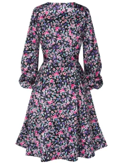Best Retro Stage 1970s Boho Style Button Satin Puff Dress Floral