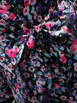 Best Retro Stage 1970s Boho Style Button Satin Puff Dress Floral