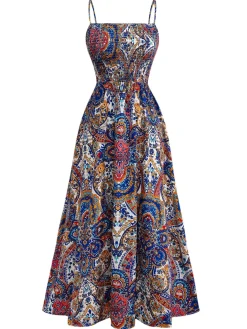 Clearance Retro Stage 1970s Boho Style Spaghetti Strap Maxi Dress Multicolor