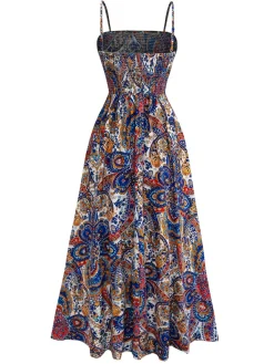 Clearance Retro Stage 1970s Boho Style Spaghetti Strap Maxi Dress Multicolor
