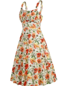 Fashion Retro Stage 1950s Botanical Print Strap High Waist Dress