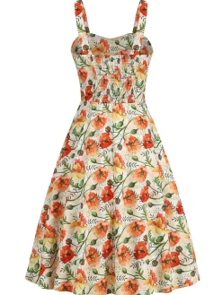 Fashion Retro Stage 1950s Botanical Print Strap High Waist Dress