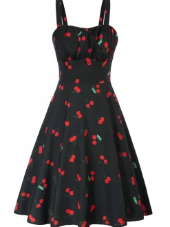 Fashion Retro Stage 1950s Botanical Print Strap High Waist Dress