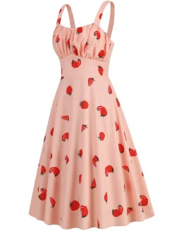 Fashion Retro Stage 1950s Botanical Print Strap High Waist Dress