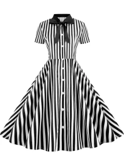 Outlet Retro Stage 1950s Bow Collar Striped Dots Swing Dress