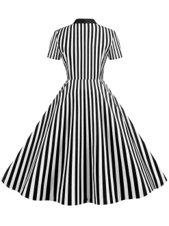Outlet Retro Stage 1950s Bow Collar Striped Dots Swing Dress