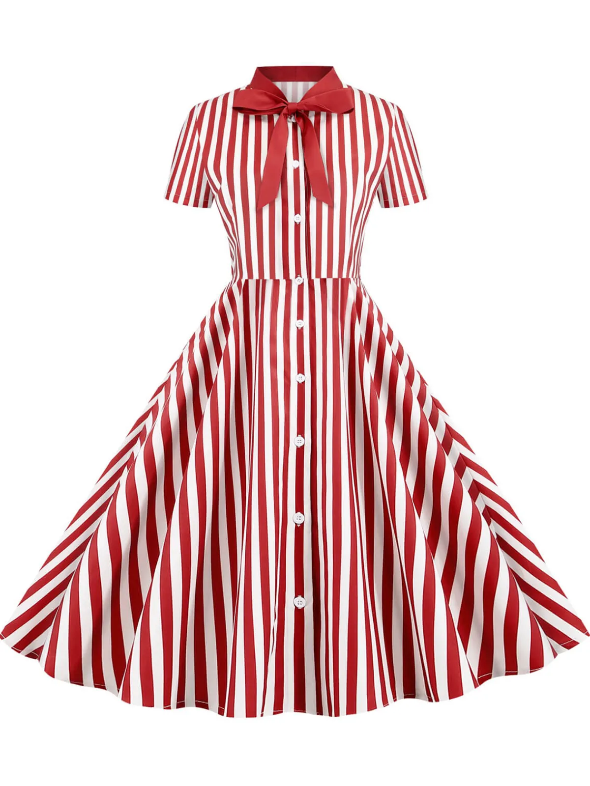Outlet Retro Stage 1950s Bow Collar Striped Dots Swing Dress