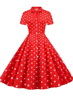 Outlet Retro Stage 1950s Bow Collar Striped Dots Swing Dress