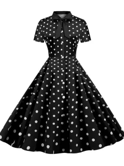 Outlet Retro Stage 1950s Bow Collar Striped Dots Swing Dress