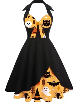 Clearance Retro Stage 1950s Bow Halter Patchwork Swing Dress Black