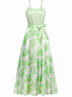 Fashion Retro Stage 1930s Bow Organza Floral Spaghetti Straps Dress