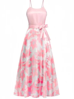 Fashion Retro Stage 1930s Bow Organza Floral Spaghetti Straps Dress