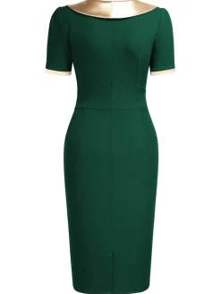 Outlet Retro Stage 1960s Bow Patchwork Bodycon Dress Green