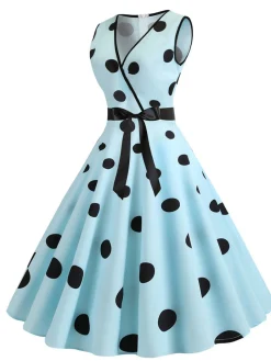 Discount Retro Stage 1950s Bow Polka Dot Swing Dress Blue