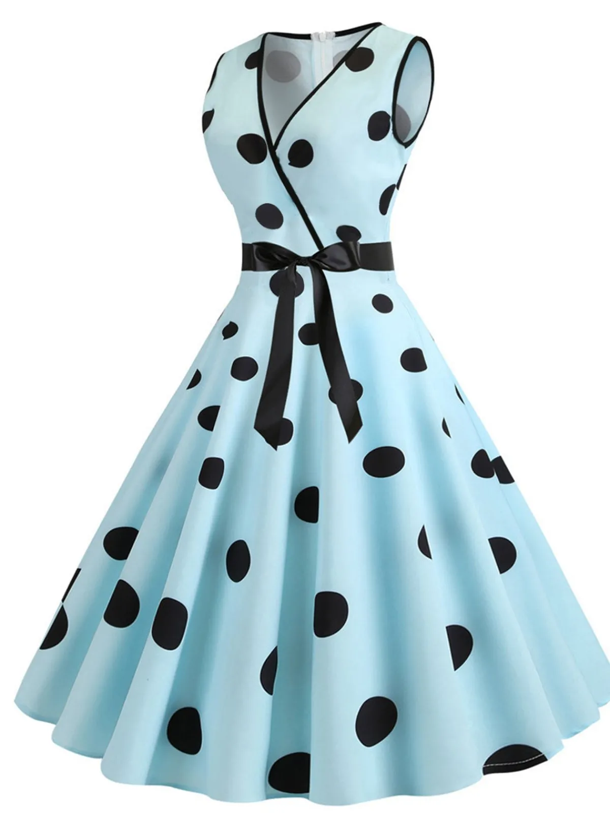Discount Retro Stage 1950s Bow Polka Dot Swing Dress Blue