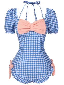 Clearance Retro Stage 1950s Bow Puff Sleeve Gingham Plaid Swimsuit Blue