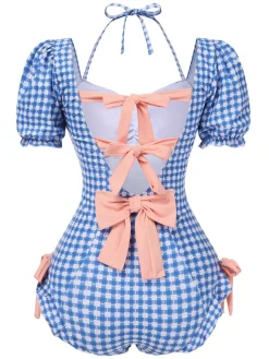 Clearance Retro Stage 1950s Bow Puff Sleeve Gingham Plaid Swimsuit Blue