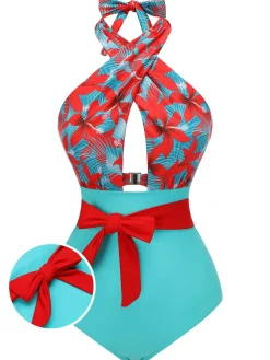 Fashion Retro Stage 1950s Bow Tie Floral Cross Straps Swimsuit