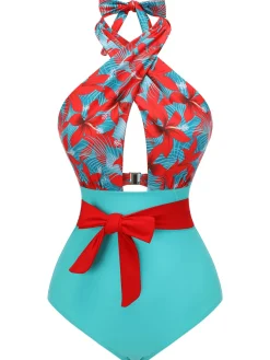 Fashion Retro Stage 1950s Bow Tie Floral Cross Straps Swimsuit