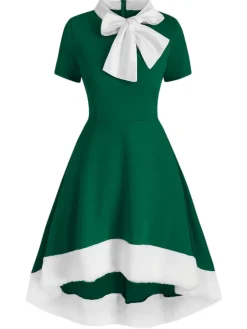 Sale Retro Stage 1950s Bowknot Collar Swing Dress Green