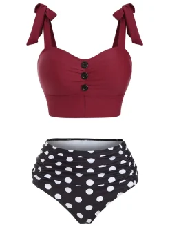 New Retro Stage 1950s Bowknot Spaghetti Strap Button Bikini