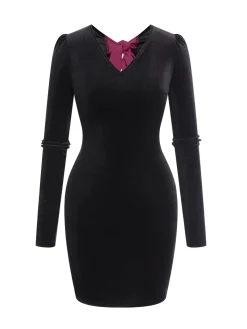 Sale Retro Stage 1960s Bowknot Velvet Open Back Contrast Color Dress Black
