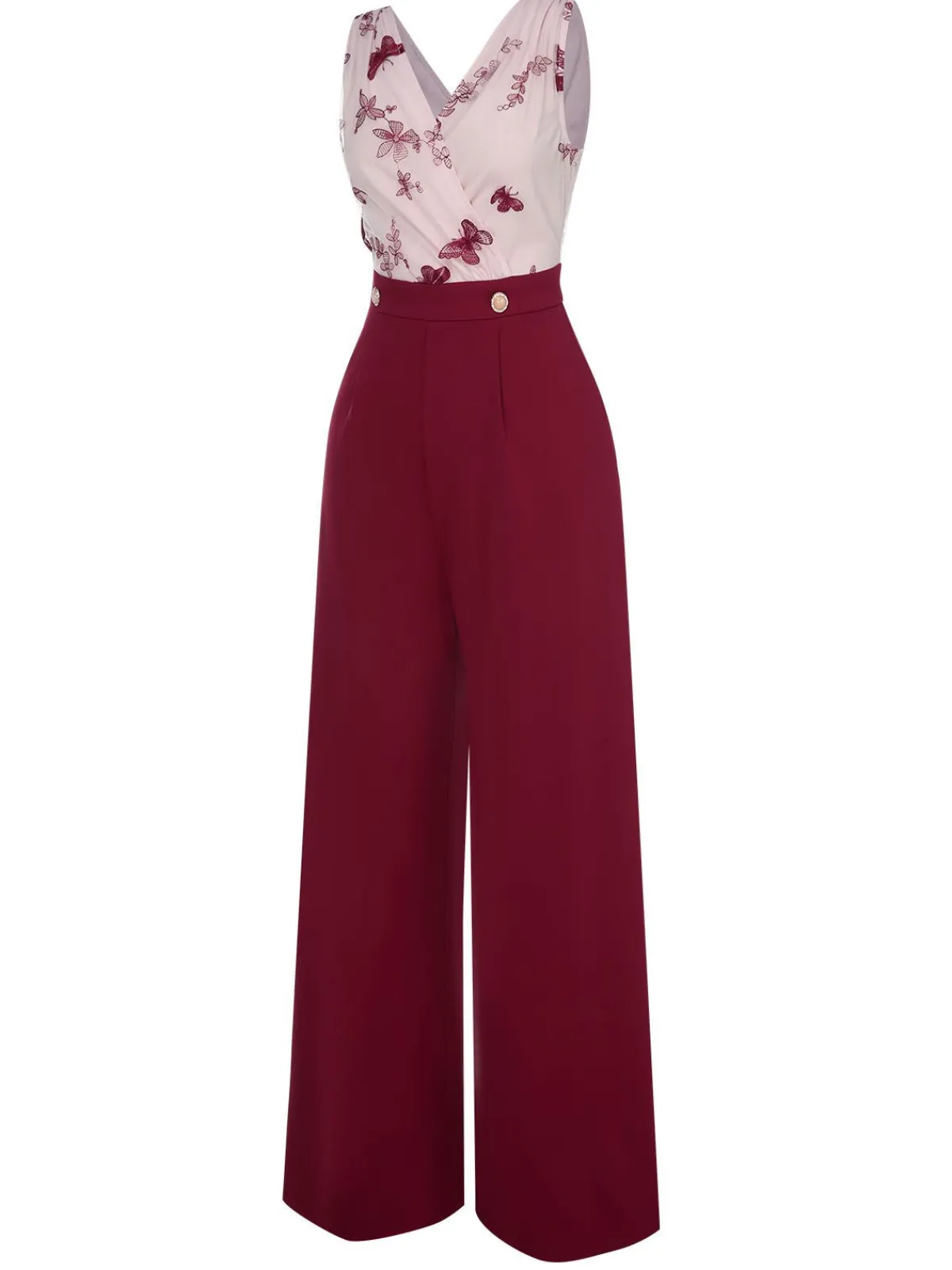 Discount Retro Stage 1930s Butterfly Button Patchwork Jumpsuit