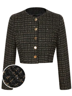 Clearance Retro Stage 1960s Button Tweed Long Sleeve Cropped Coat