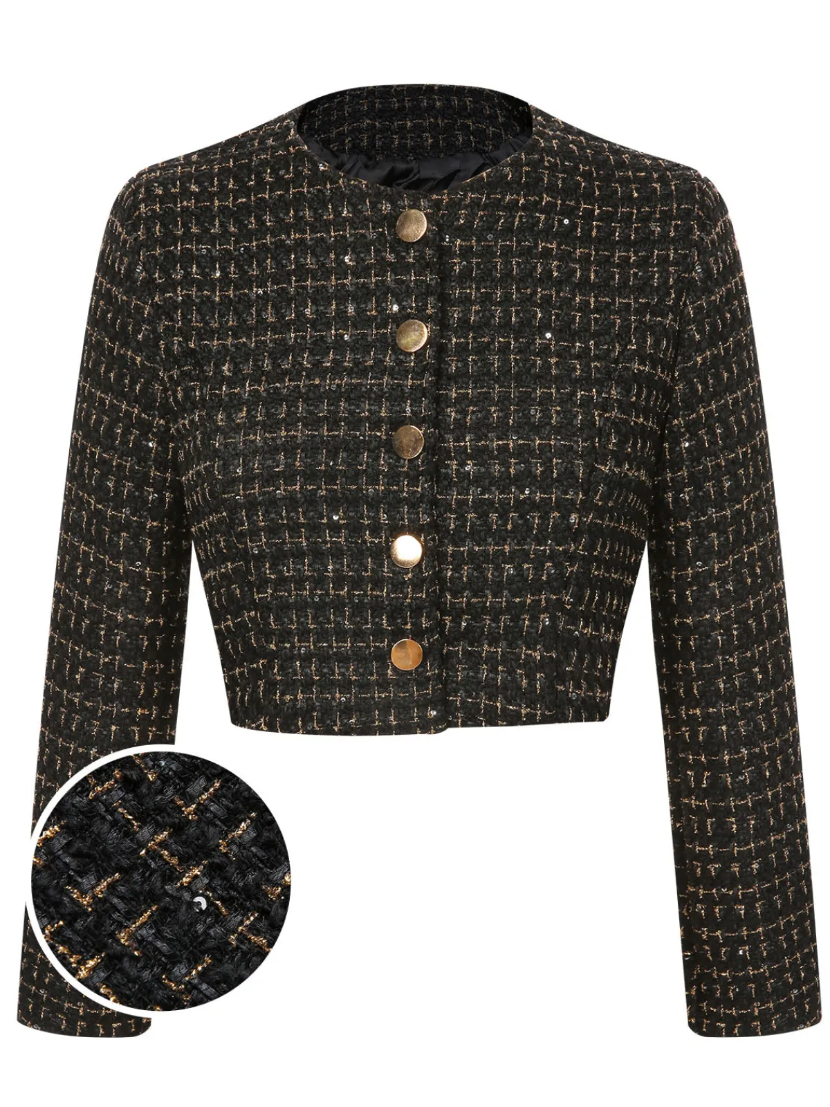 Clearance Retro Stage 1960s Button Tweed Long Sleeve Cropped Coat