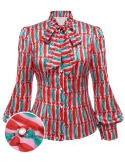 New Retro Stage 1950s Candy Tie-Up Collar Buttons Blouse Pink