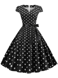 Hot Retro Stage 1950s Cap Sleeve Polka Dot Belted Dress