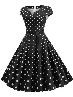Hot Retro Stage 1950s Cap Sleeve Polka Dot Belted Dress