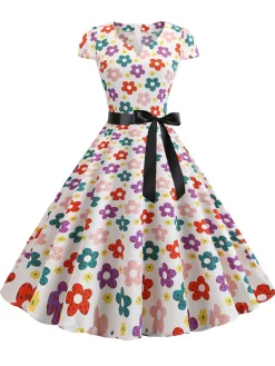 Hot Retro Stage 1950s Cap Sleeve Polka Dot Belted Dress