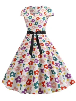 Hot Retro Stage 1950s Cap Sleeve Polka Dot Belted Dress