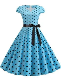 Hot Retro Stage 1950s Cap Sleeve Polka Dot Belted Dress