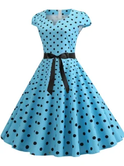 Hot Retro Stage 1950s Cap Sleeve Polka Dot Belted Dress