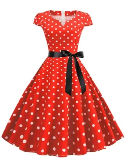 Hot Retro Stage 1950s Cap Sleeve Polka Dot Belted Dress