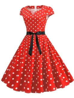 Hot Retro Stage 1950s Cap Sleeve Polka Dot Belted Dress