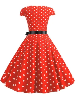 Hot Retro Stage 1950s Cap Sleeve Polka Dot Belted Dress