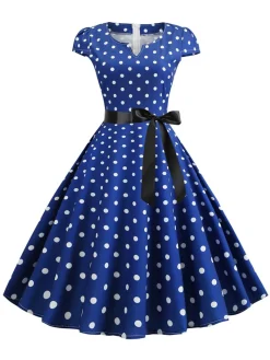 Hot Retro Stage 1950s Cap Sleeve Polka Dot Belted Dress