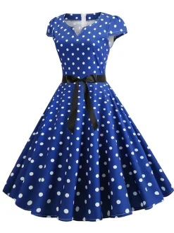 Hot Retro Stage 1950s Cap Sleeve Polka Dot Belted Dress