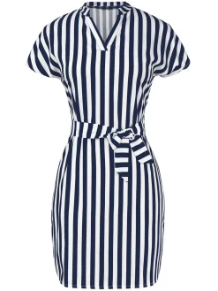Outlet Retro Stage 1960s Cap Sleeve Vertical Stripe Pencil Dress