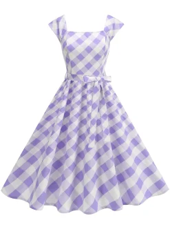 Sale Retro Stage 1950s Cap Sleeves Argyle Plaid Swing Dress