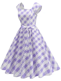 Sale Retro Stage 1950s Cap Sleeves Argyle Plaid Swing Dress