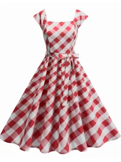 Sale Retro Stage 1950s Cap Sleeves Argyle Plaid Swing Dress