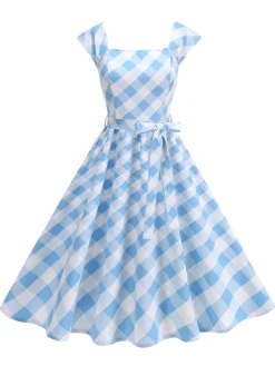 Sale Retro Stage 1950s Cap Sleeves Argyle Plaid Swing Dress