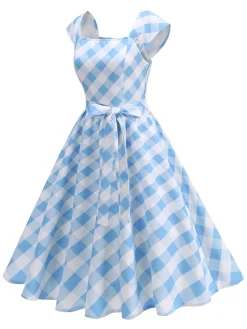 Sale Retro Stage 1950s Cap Sleeves Argyle Plaid Swing Dress